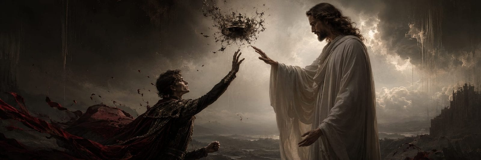 A robed figure reaches for a shattered crown while facing a kneeling armored figure under a dramatic sky.