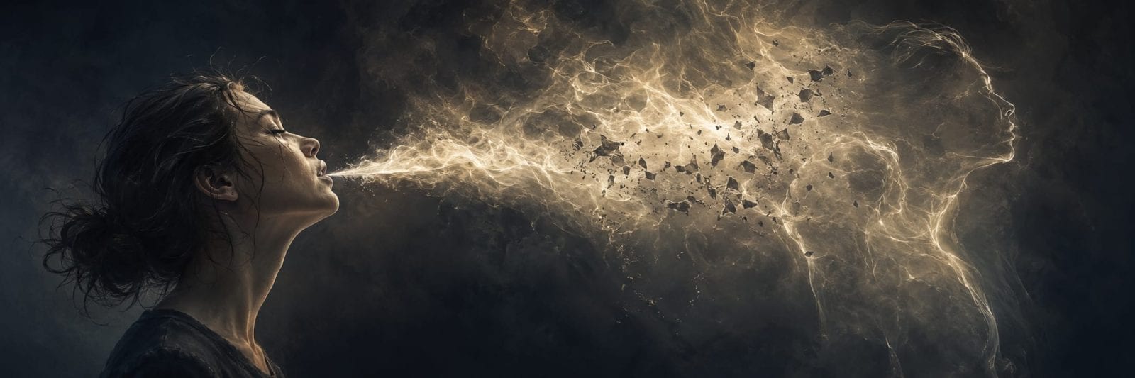 A woman exhales glowing mist forming a ghostly face, her silhouette dissolving into eerie satire and subversion.