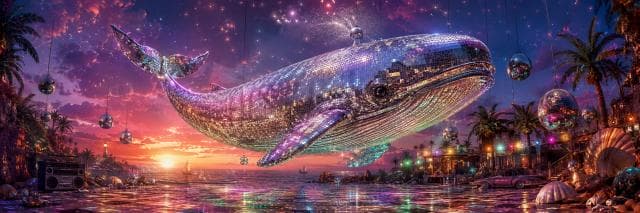 A giant disco ball whale floats above a neon-lit beach at sunset, with palm trees adding a whimsical and surreal touch.