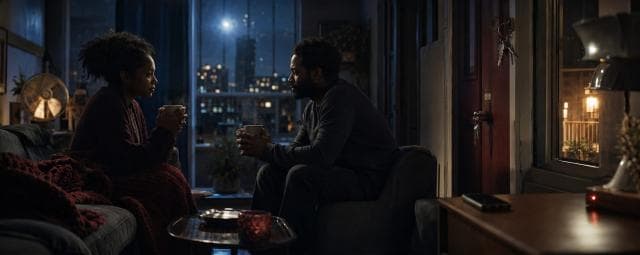 Two people sit across from each other with mugs in hand, talking in a cozy living room with city lights visible through the window.