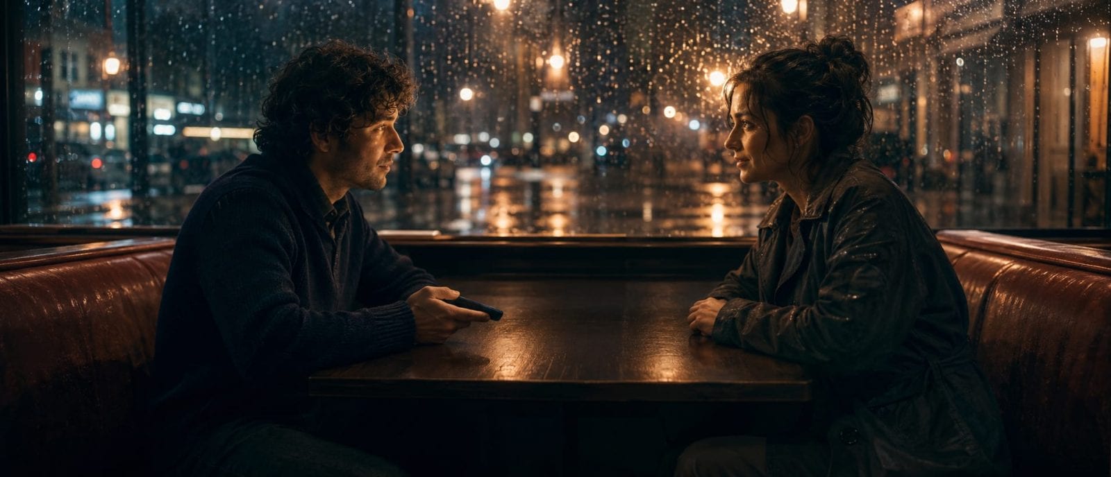 Two people sit across from each other in a diner booth at night, talking, with rainy windows and city lights in the background.