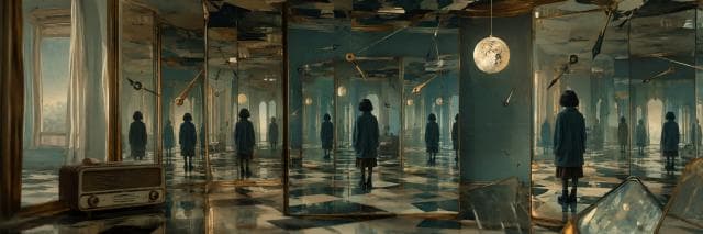 A person stands in a mirrored room where keys, a glowing orb, and an old radio are reflected endlessly.