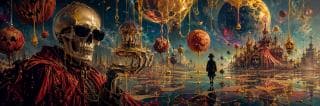 A skeleton in a red robe holds a tray amid floating spheres, carnival tents, and surreal scenes across the landscape.