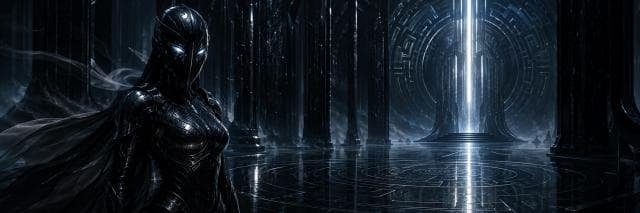 A figure in dark armor with glowing eyes stands in a metallic hall with columns and a bright circular doorway.