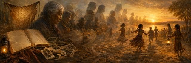 An elderly woman sits by photos as children dance nearby during sunset at the lake.