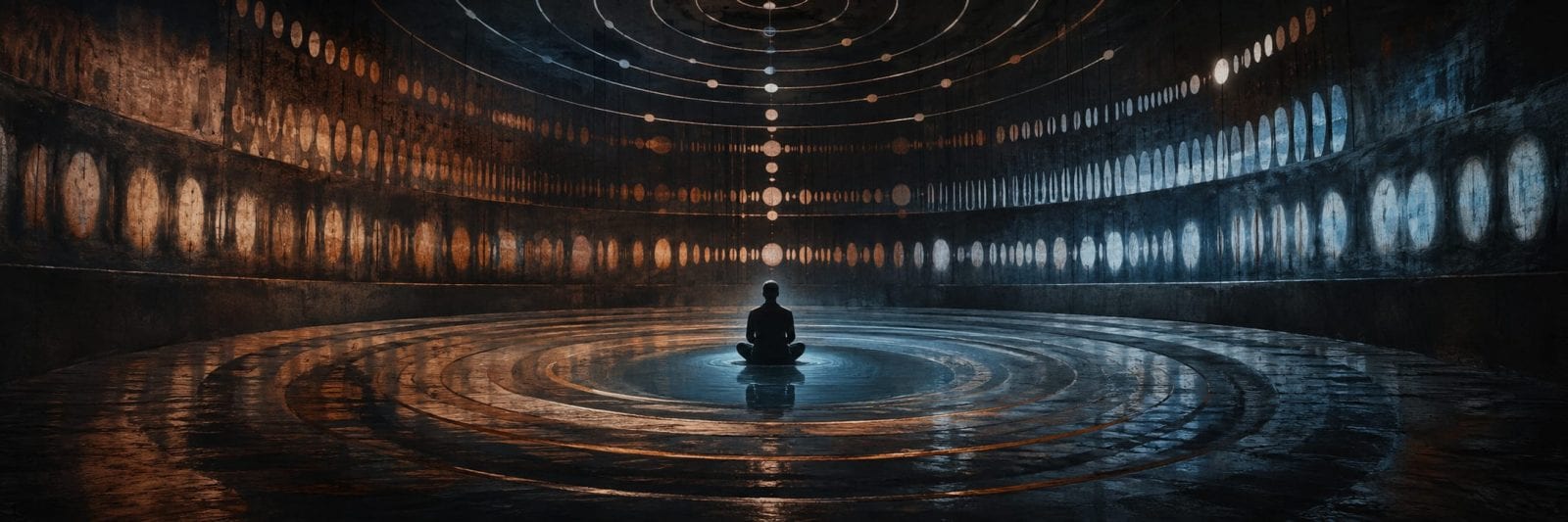 A person sits cross-legged in a circular room as glowing orbs reflect nature onto the concentric rings of the walls and ceiling.