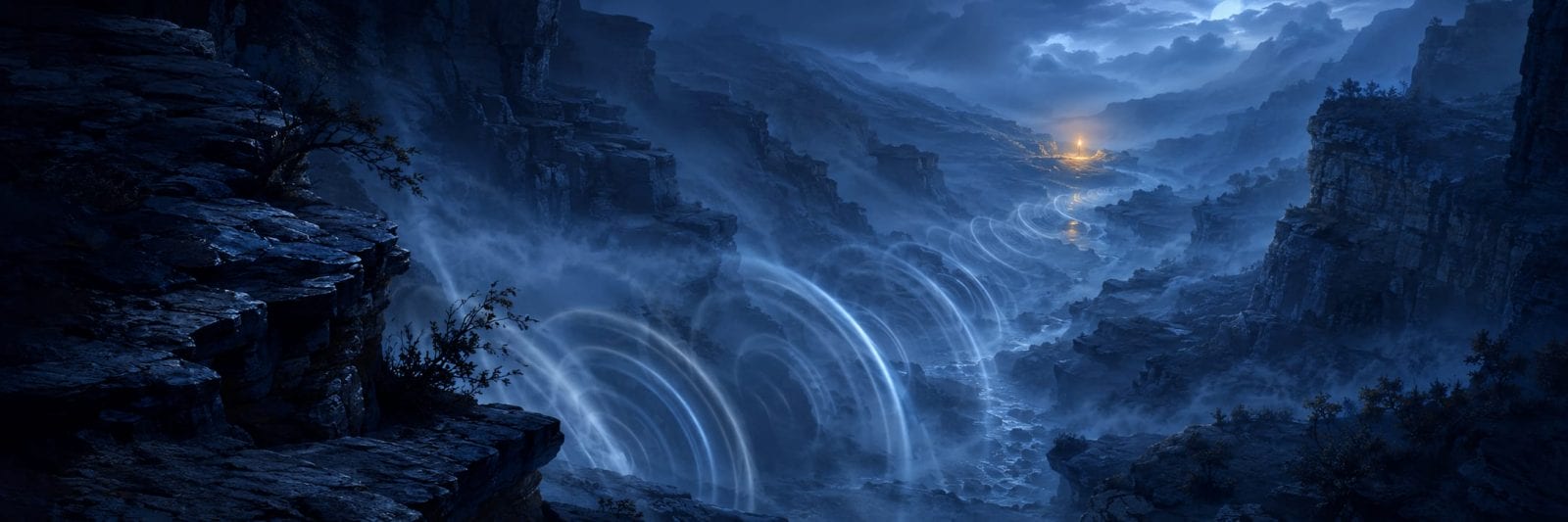 Misty blue canyon with glowing rings in fog, swirling shapes beneath dramatic cliffs under a cloudy sky.
