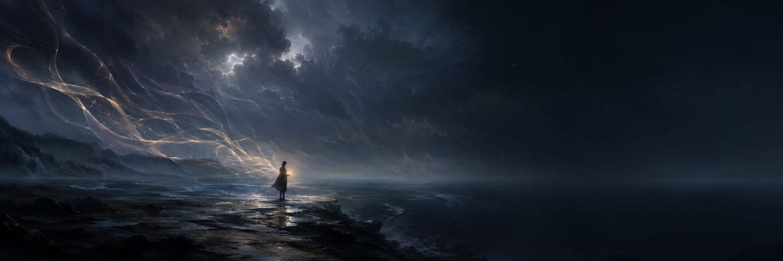 A person stands on a rocky shore at night as glowing streaks cut through swirling clouds overhead.