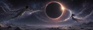 Two figures in flowing robes float toward a glowing solar eclipse amid swirling cosmic patterns, creating a surreal, fantastical scene.