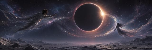 Two figures in flowing robes float toward a glowing solar eclipse amid swirling cosmic patterns, creating a surreal, fantastical scene.