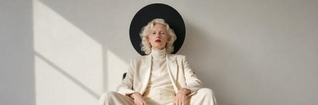 Person with white hair in a cream suit sits, framed by a surreal black circle against a plain wall.