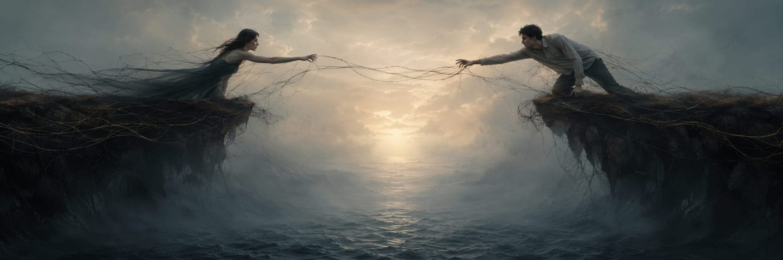 A woman and man reach across cliffs, connected by tangled roots as darkness and chaos swirl below a misty sunrise.