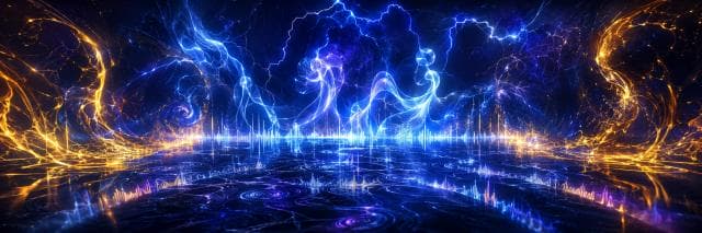 Swirling blue and orange energy waves evoke lightning and chaos atop a glossy, patterned surface in a surreal scene.