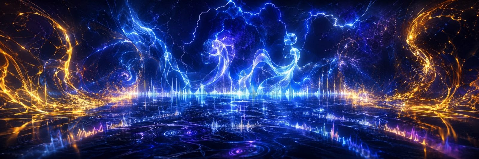Swirling blue and orange energy waves evoke lightning and chaos atop a glossy, patterned surface in a surreal scene.