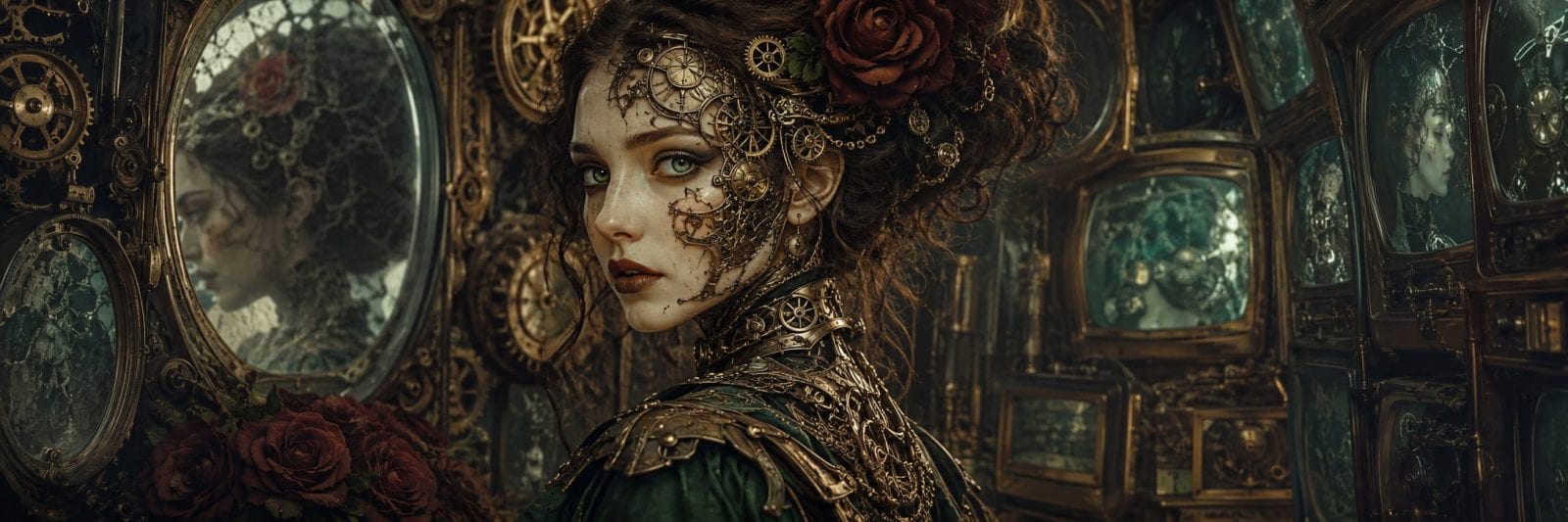 Woman in steampunk attire with gears on her face stands among mirrors and roses, creating a surreal, fantastical scene.