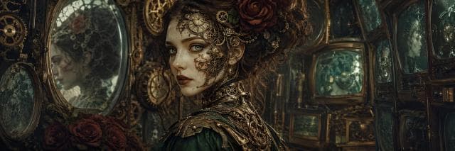 Woman in steampunk attire with gears on her face stands among mirrors and roses, creating a surreal, fantastical scene.