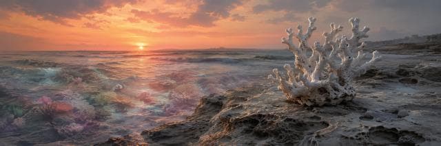 White coral rests on a rocky shore at sunset, with colorful coral reefs reflecting beneath a cloudy sky.