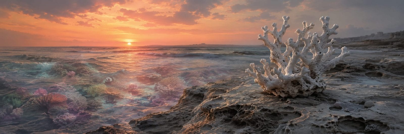 White coral rests on a rocky shore at sunset, with colorful coral reefs reflecting beneath a cloudy sky.