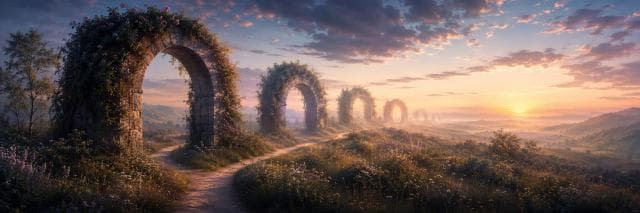 Ancient stone arches covered in vines stand on a shadowy path, with distant hills visible at dawn, alluding to satire and subversion.