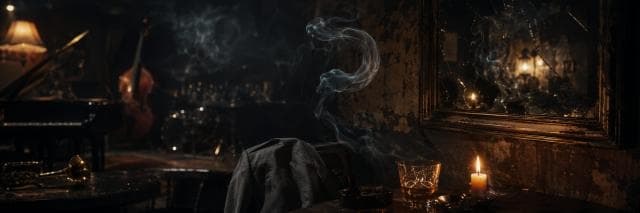 A jazz bar with a candle, drink, smoke, and coat on the table among cracked mirrors and scattered instruments.
