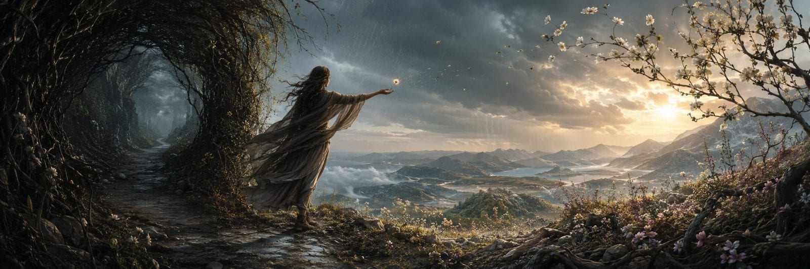 A woman in a flowing dress stands on a path, reaching toward a valley surrounded by blooming trees.