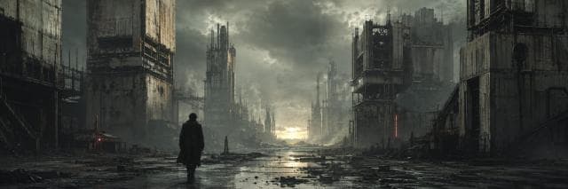 A lone person walks through a ruined city at sunrise, surrounded by crumbling buildings.