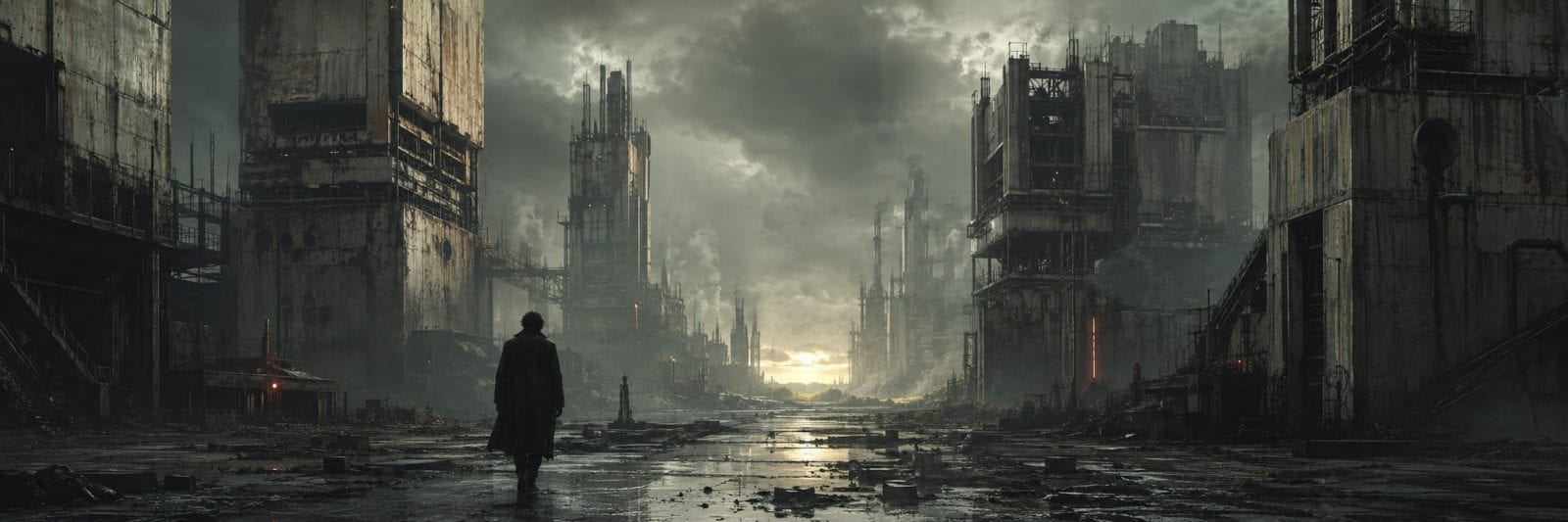 A lone person walks through a ruined city at sunrise, surrounded by crumbling buildings.