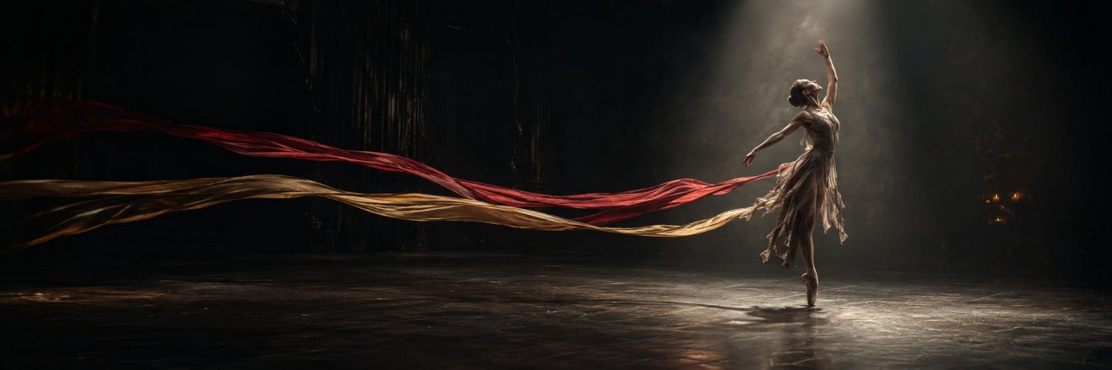 A ballerina dances solo on stage, red and gold ribbons trailing behind her as she moves gracefully.