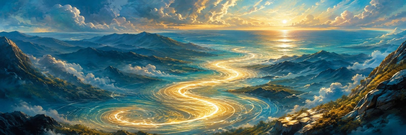 A golden river winds through mountains at sunrise, with serene clouds above and hints of darkness beneath the shimmering water.