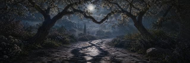 A curved stone path winds through a garden with arching trees overhead and flowers lining the edges.