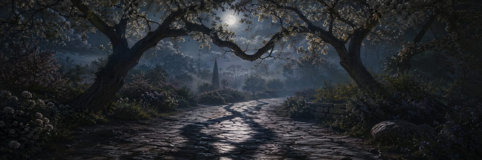 A curved stone path winds through a garden with arching trees overhead and flowers lining the edges.