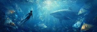 A person swims underwater toward a large shark as swirling glass shards create a chaotic scene.