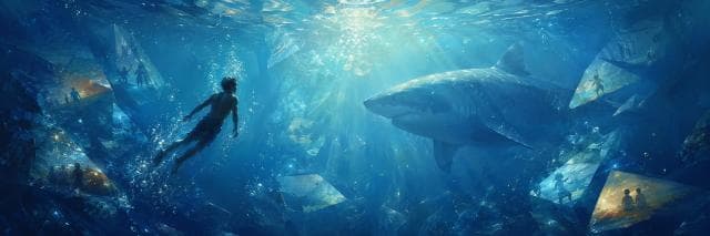 A person swims underwater toward a large shark as swirling glass shards create a chaotic scene.