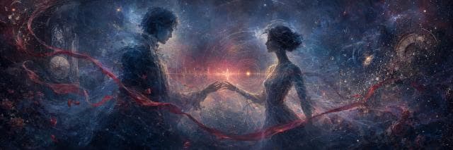 A man and woman face each other in a surreal, star-filled setting with red ribbons swirling around them.