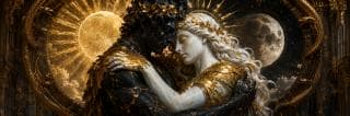Two figures embrace, adorned in gold, with sun and moon glowing above, emanating a surreal and fantastical energy.