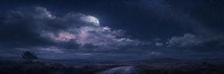 Moonlit sky with clouds and stars above a rural landscape, blending natural beauty with elements of chaos and quiet reflection.