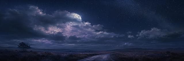Moonlit sky with clouds and stars above a rural landscape, blending natural beauty with elements of chaos and quiet reflection.