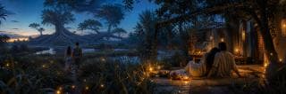 Two adults rest together beside a warmly lit garden dwelling beneath a vast living tree at blue evening.