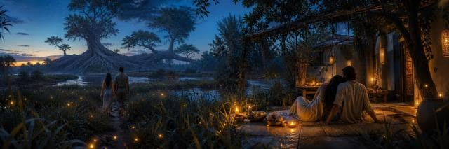 Two adults rest together beside a warmly lit garden dwelling beneath a vast living tree at blue evening.
