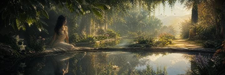 A woman sits beside a still garden pool beneath rain-bright leaves, her reflection facing her in warm morning light.