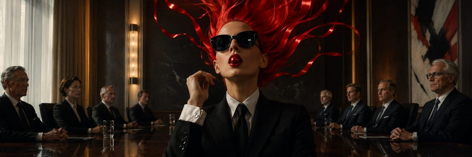 A person with bright red hair and sunglasses stands out at the conference table, adding an unexpected energy to the formal setting.