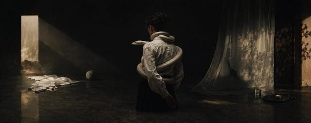 A person with a white snake around their neck sits on a shiny floor, facing a fantastical doorway.
