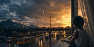 A child looks out a window at a sunset over rainy streets, mountains, and clouds.