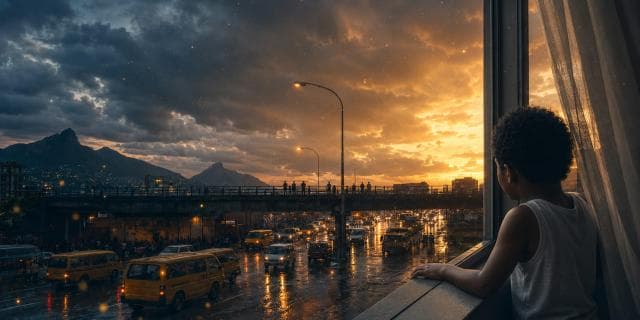 A child looks out a window at a sunset over rainy streets, mountains, and clouds.