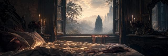 A messy bed faces open windows, where a cloaked figure stands outside at sunrise.