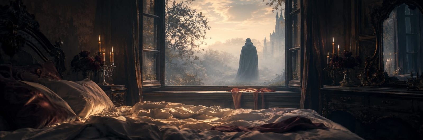 A messy bed faces open windows, where a cloaked figure stands outside at sunrise.