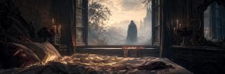 A messy bed faces open windows, where a cloaked figure stands outside at sunrise.