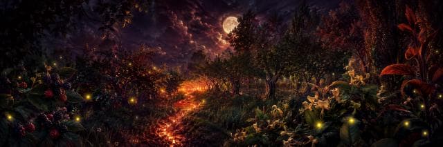 A glowing path winds through a surreal forest filled with flowers, berries, and fireflies beneath a cloudy night sky.