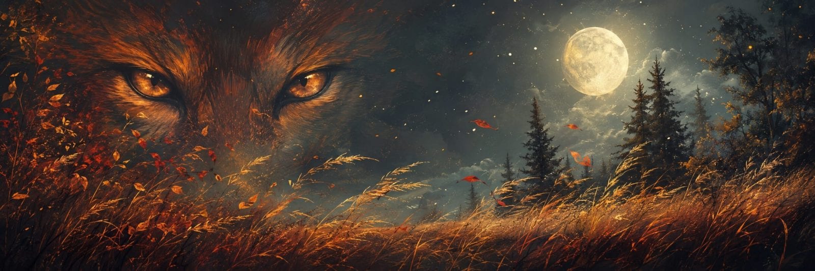 A wolf’s face merges with an autumn field at night beneath a full, cloudy moon, symbolizing strength and spirit amid chaos.