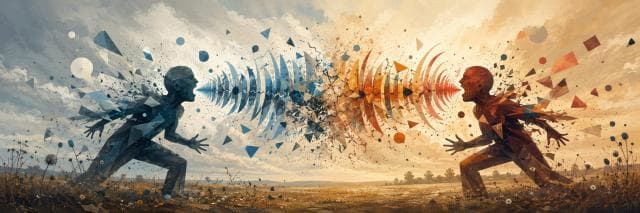 Two abstract figures face each other as chaotic waves and fragments spread across an open landscape.